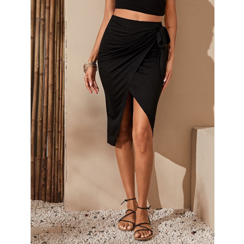 Wrap Asymmetrical Tie Side Black High Waist Skirt - Picture 6 of 7